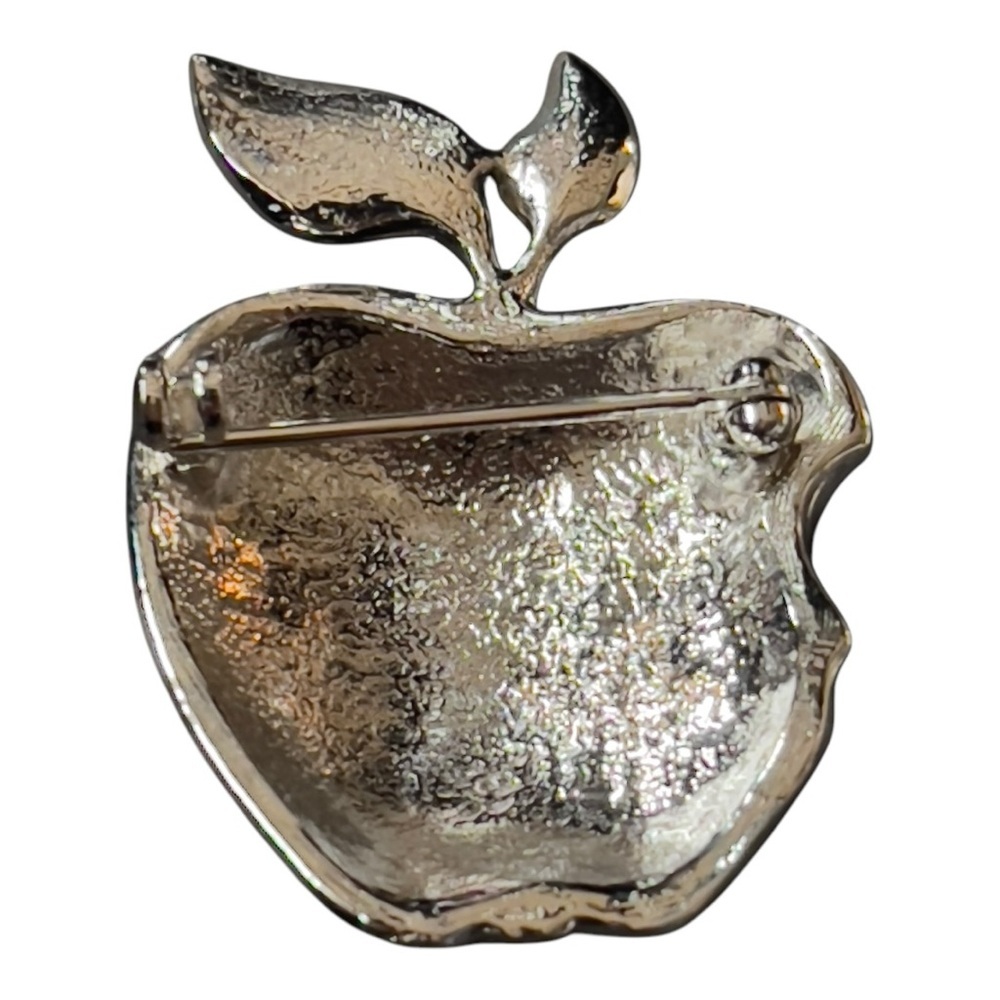 Silver and Rhinestone Apple Brooch - Picture 3 of 7